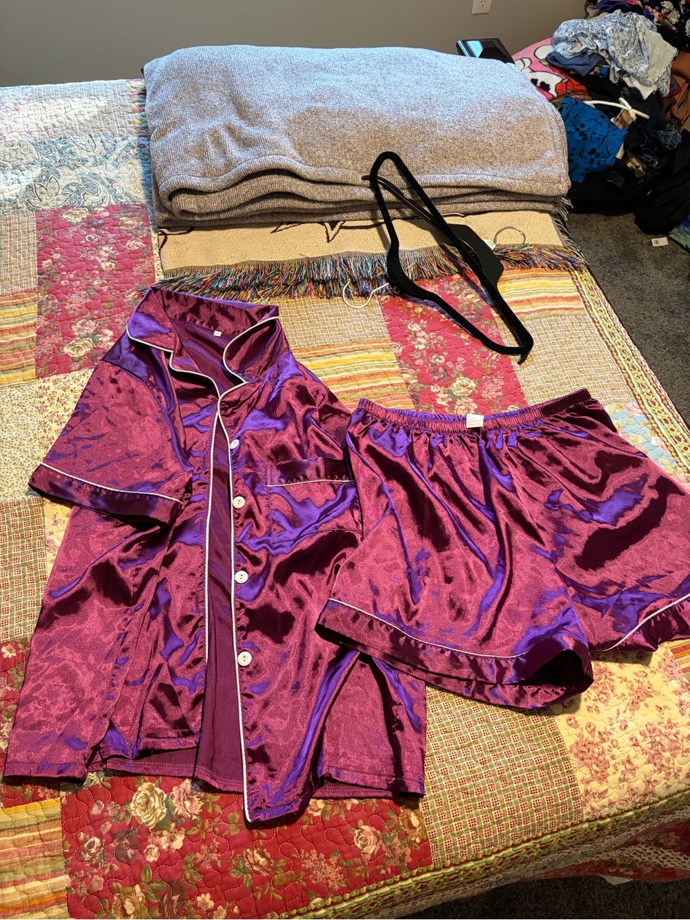 Purple Satin Short Sleeve Pajama Set with Shorts